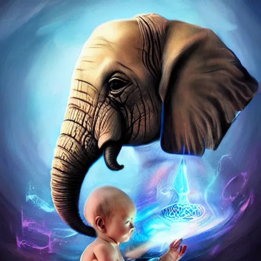 Image similar to epic professional digital airbrushed portrait art of a cute baby elephant dressed as a magician,, best on artstation, cgsociety, wlop, Behance, pixiv, cosmic, epic, stunning, gorgeous,, masterpiece by Dorian Cleavanger and Stanley Lau,