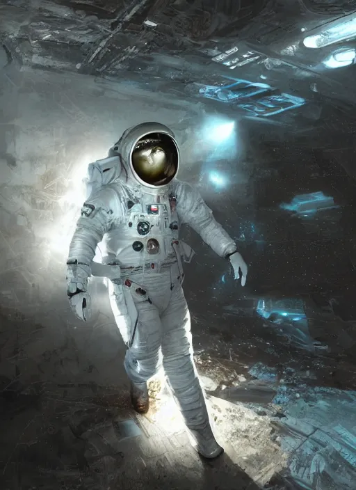 Image similar to concept art by craig mullins astronaut in futuristic dark and empty spaceship underwater. infrared glowing lights. complex and hyperdetailed technical suit. reflection and dispersion materials. rays and dispersion of light. volumetric light. 5 0 mm, f / 3 2. noise film photo. flash photography. unreal engine 4, octane render. interstellar movie art