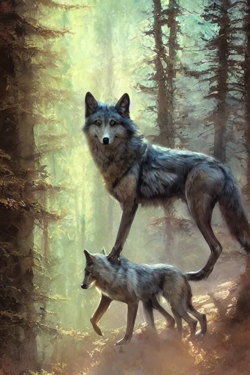 Image similar to spiritual twin flame wolf art, forest hue, highly detailed, oil painting, by craig mullins