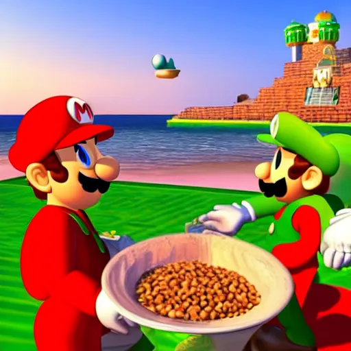 Image similar to mario and luigi on the beach eating beans, the sun setting in the background