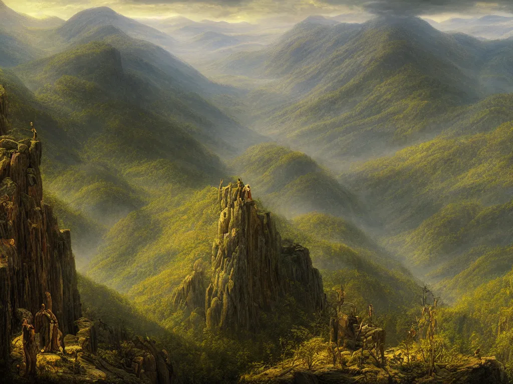 Prompt: a beautiful and highly detailed matte painting of the the appalachian mountains, intricate details, epic scale, insanely complex, 8 k, sharp focus, hyperrealism, very realistic, by caspar friedrich, greg rutowski, james gurney, zeen chin,