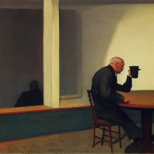 Prompt: portrait of a bored man drinking coffee in an empty restaurant, dimly lit, rule of thirds composition, by edward hopper, andrew wyeth, detailed