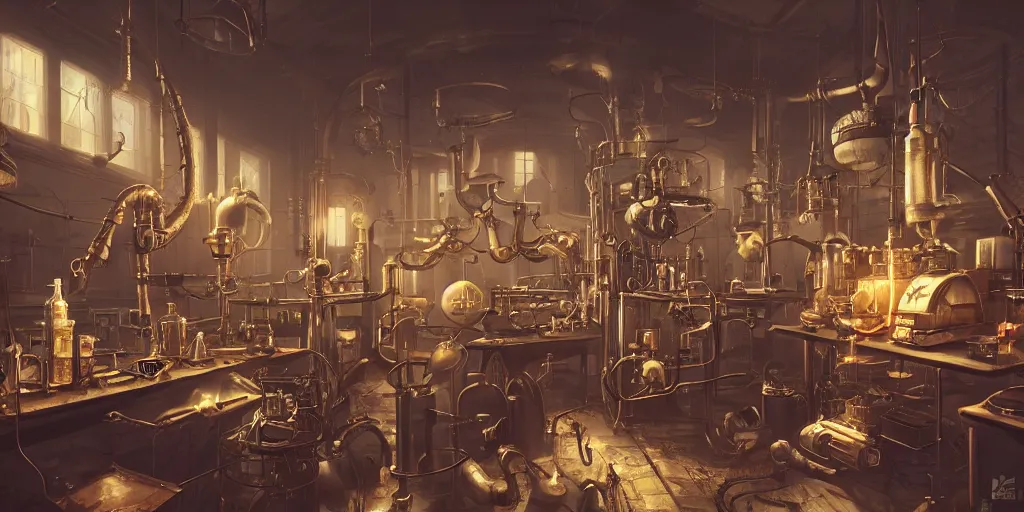 Image similar to kitbash of steampunk laboratory by Max Bedulenko, trending on Artstation, 8k, photorealistic, hyper detailed, unreal engine 5, cinematic color grade, epic lighting