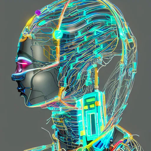 Image similar to a beautiful body of a bot pilot woman mostly made of wires and electronic circuits, an ultrafine detailed illustration by james jean, final fantasy, intricate linework, bright colors, behance contest winner, vanitas, angular, altermodern, unreal engine 5 highly rendered, global illumination, radiant light, detailed and intricate environment