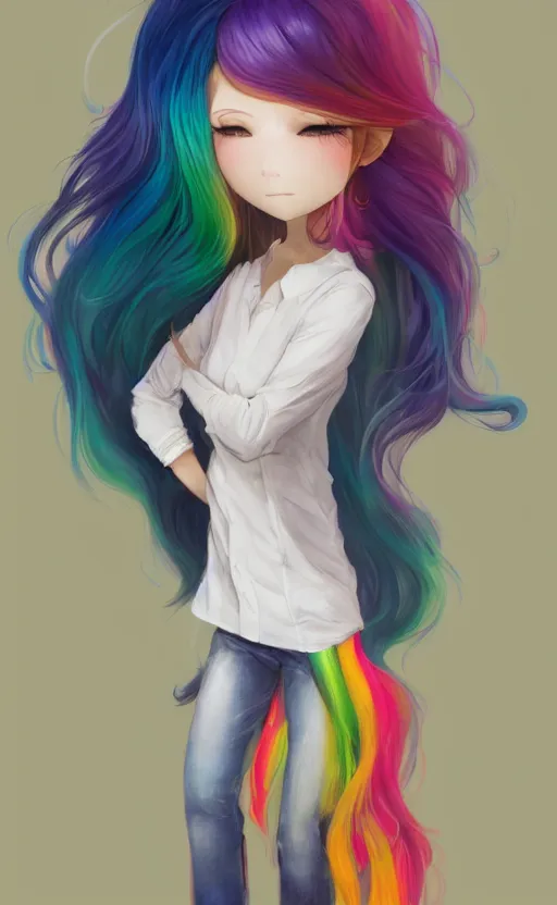 Image similar to a kawaii woman with rainbow hair, soft eyes and narrow chin, dainty figure, long hair straight down, kawaii shirt and jeans, basic white background, In style of by Jordan Grimmer and greg rutkowski, crisp lines and color