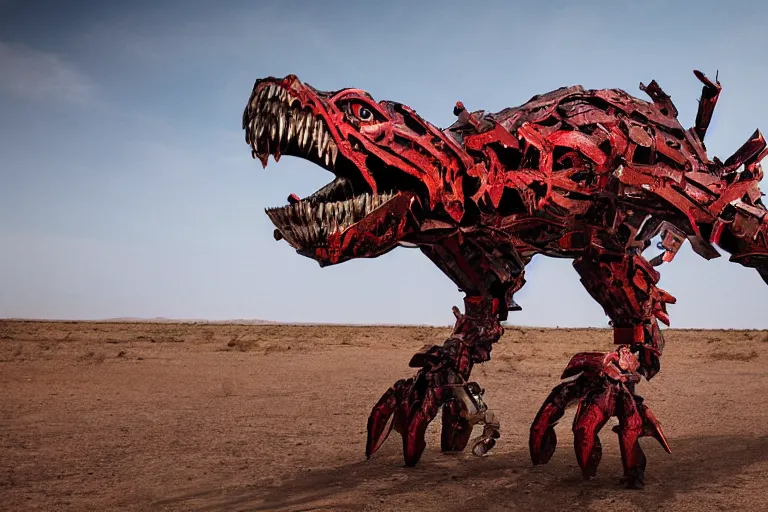 Image similar to a gigantic angry monster made of scrap metal with red eyes, standing in the desert, looking at camera, realism, photo realistic, high quality,