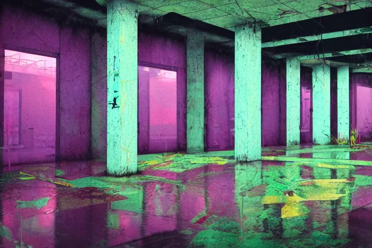 Image similar to abandoned 9 0 s mall interior, rain like a dream, oil painting, cinematic, overgrown, dramatic, volumetric lighting, cyberpunk, basquiat + francis bacon + gustav klimt + beeple, elevated street art, fantasy lut, textural, pink, blue, purple, green,