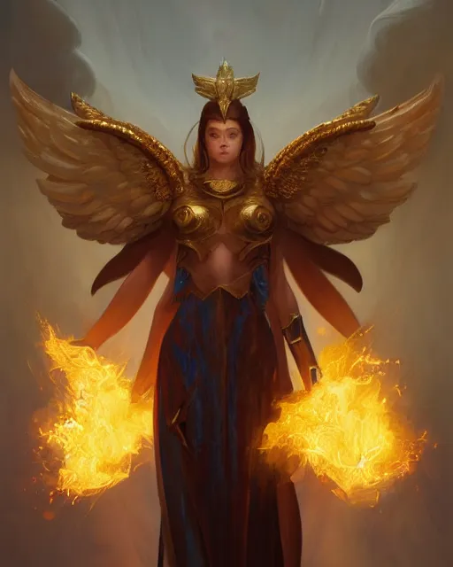 Prompt: character portrait of a male angel of justice with golden flame wings, by peter mohrbacher, mark brooks, jim burns, marina abramovic, wadim kashin, greg rutkowski, trending on artstation