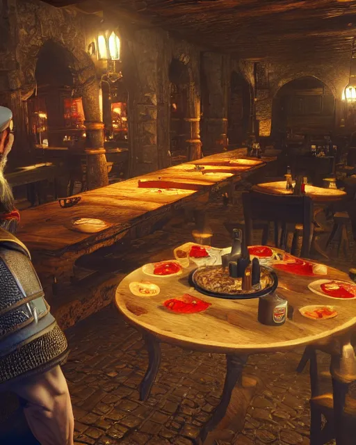 Prompt: Geralt of Rivia eating paella in a spanish bar in The Witcher 3,