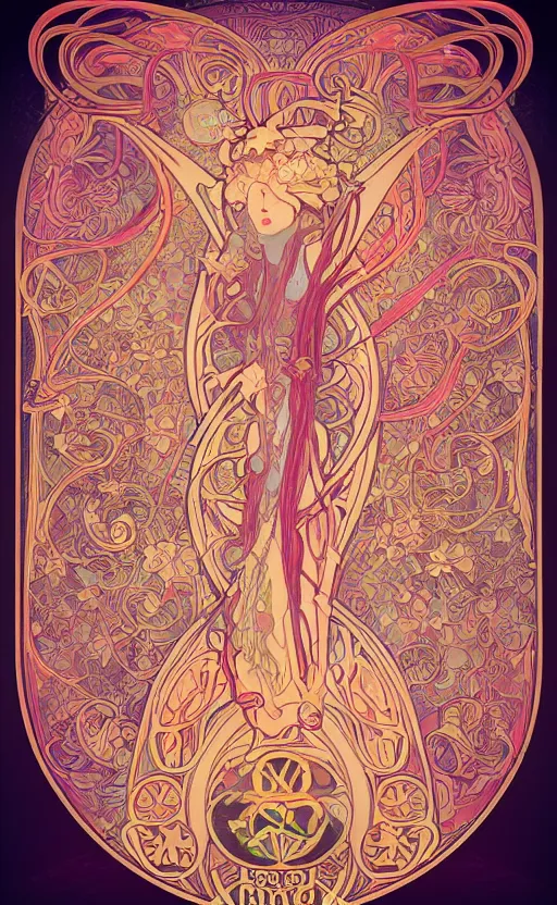 Image similar to code : art nouveau, alphonse mucha, glowing, runes, neon, pastel, floral print pattern, epic, 3 ds max + v - ray, deep depth of field, elegant, dark background, symmetrical, extremely detailed