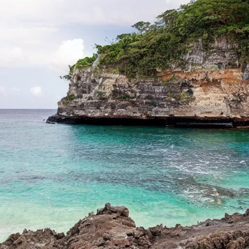 Image similar to photo of a jamaican shoreline cliff with a cave and a spanish galleon in the foreground