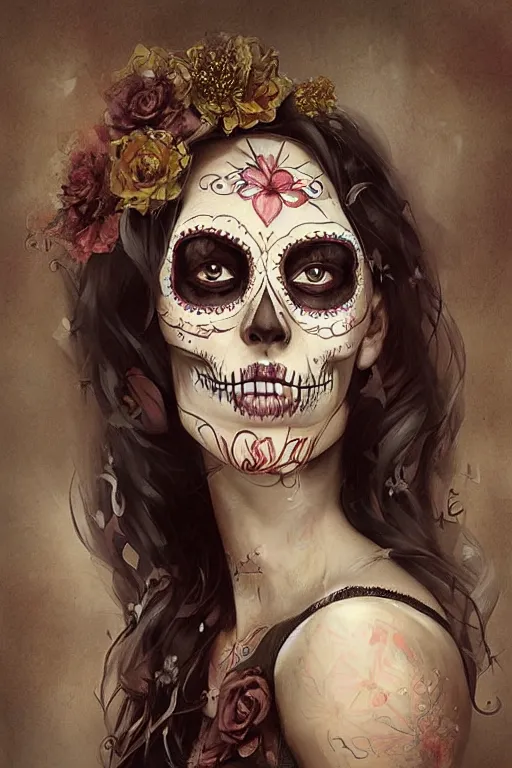 Prompt: illustration of a sugar skull day of the dead girl, art by bastien lecouffe deharme