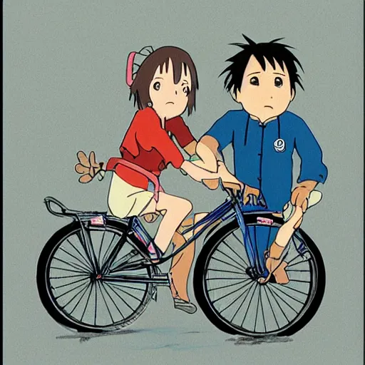 Image similar to three people share a bike, front and rear seats, lovely, by hayao miyazaki