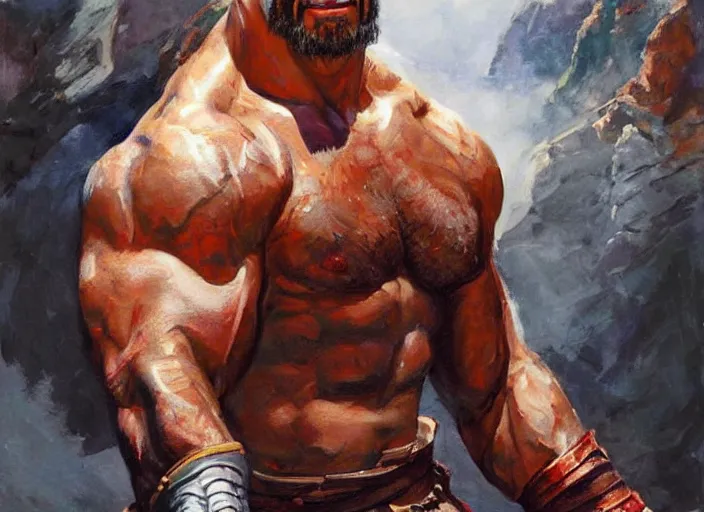 Prompt: a highly detailed beautiful portrait of dwayne johnson as kratos, by gregory manchess, james gurney, james jean