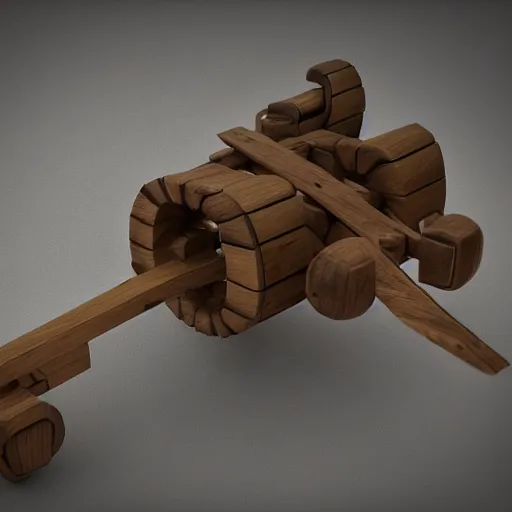 Prompt: a catapult with multiple launchers, 3D model, octane render, wooden