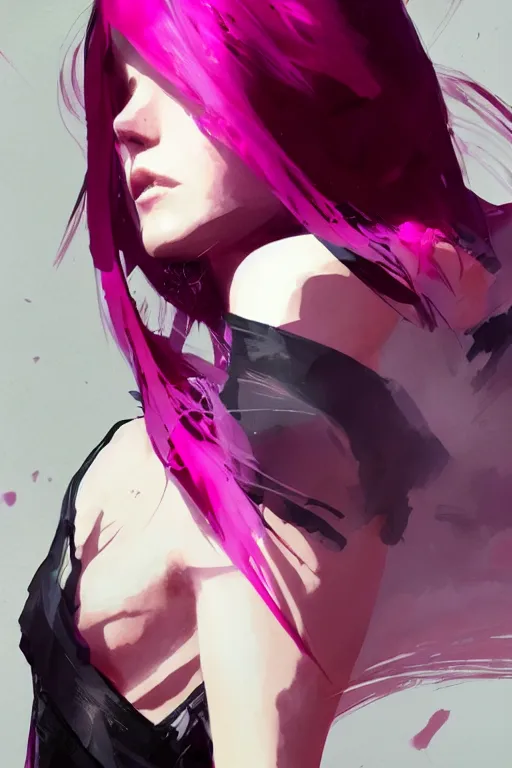 Image similar to A beautiful woman with professional makeup, with shoulder length mid-length magenta hair, volumetric lighting, dramatic atmosphere, subtle and detailed, by Dustin Nguyen, Akihiko Yoshida, Greg Tocchini, Greg Rutkowski, Cliff Chiang, 4k resolution, heavy contrast, trending on artstation