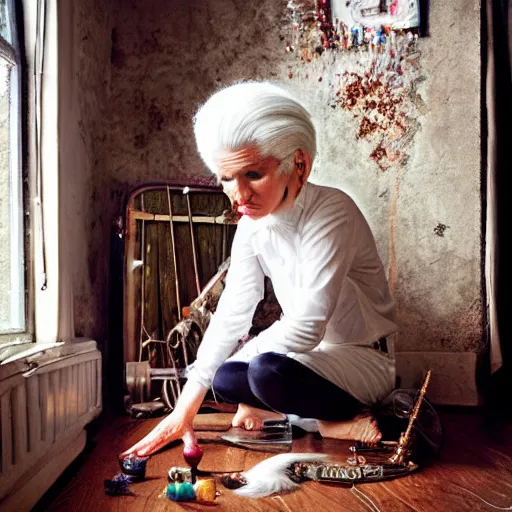 Image similar to full body protrait beautifull witch with white hair in old room. A cristal ball on a wood table with a potions and old instruments. A cat on the floor licking his paw. photorealistic, profesional photo, by Steve McCurry