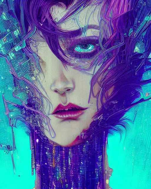 Prompt: glitch art close up portrait vampire, glitches, vaporwave, highly detailed, very intricate, graphical errors, neon glitch, chromatic aberration, harsh lighting, award - winning, unreal engine 5, illustration by mandy jurgens and alphonse mucha and alena aenami, glitch color palette, featured on artstation