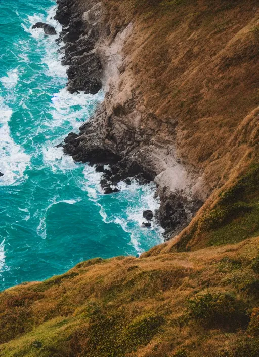 Image similar to a view of the ocean from a cliff, a tilt shift photo by liam wong, unsplash, naturalism, cinematic view, terragen, shot on 7 0 mm