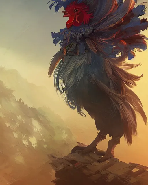 Image similar to mysterious legendary rooster, medieval village, beautiful illustration, abstract, scifi, atmosphere, top lighting, focused, artstation, highly detailed, art by yuhong ding and chengwei pan and serafleur and ina wong