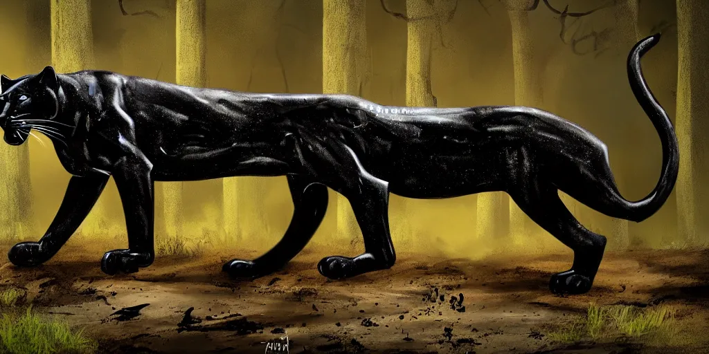 Prompt: a panther, made of smooth black goo, prowling through the forest, viscous, sticky, full of tar, covered with black goo. concept art, painting, animal drawing, color, savanna, wildlife photography, black goo, cinematic, in the style of alan m hunt