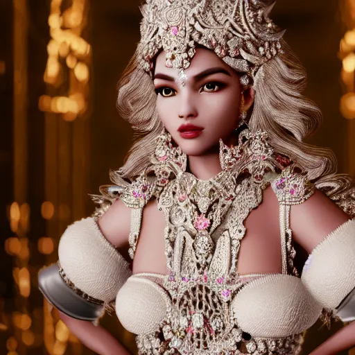 Image similar to portrait of pretty princess with perfect skin, glowing, ornate and intricate diamond jewelry, jaw dropping beauty, ornate and intricate backdrop, white accent lighting, hyper detailed, 4 k octane render