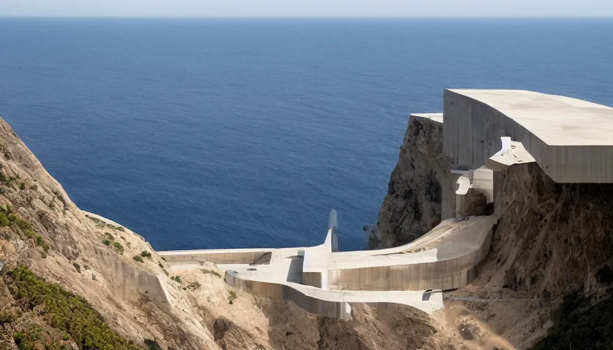 Image similar to big military base perched on a cliff overlooking a magnificient bay, laboratory, drawing architecture, science fiction, pritzker architecture prize, greig fraser