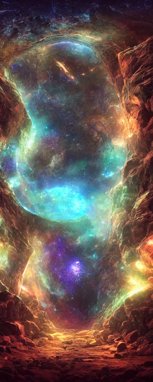 Image similar to tunnel portal made of stars space, gigantic biomechanical astral monk, cosmic eye, nebulas stars dmt psychedelic cosmos, cosmic, hallucination, night sky cluster milky way constellations, 8 k, artstation, unreal engine, octane render, hdr, surrealistic, glow, photorealistic, volumetric lighting, dreamy, dynamic, mystical