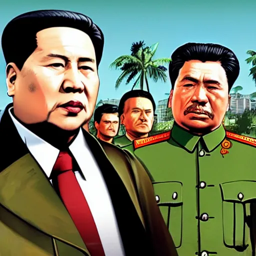 Prompt: Mao Zedong alongside Joseph Stalin in GTA V, Cover art by Stephen Bliss, Boxart, loading screen