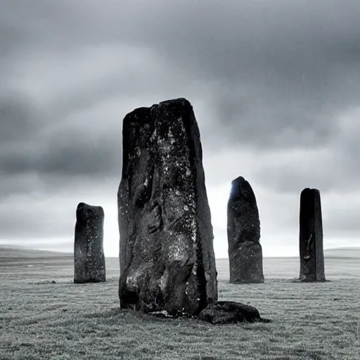 Prompt: 'The grim reaper stands large in front of neolithic standing stones of stenness, haunting, fog, grainy, snow, atmospheric clouds'