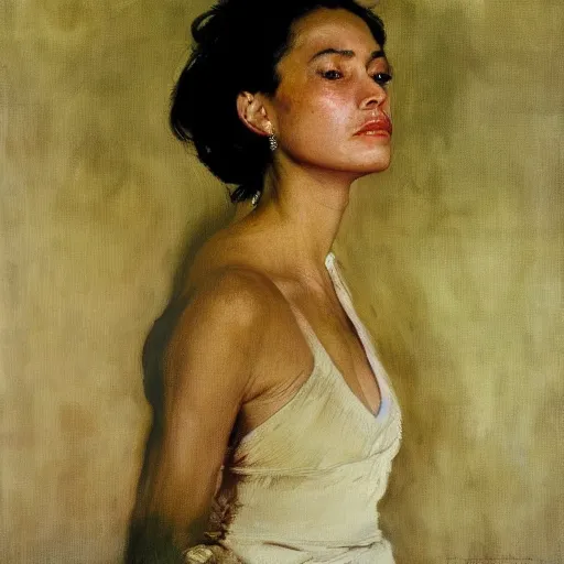 Prompt: a stunning masterful portrait of a confident colombian woman with messy hair by andrew wyeth, john singer sargent, and norman rockwell, natural light, oil painting, ethereal, wong kar wai, strong brushwork