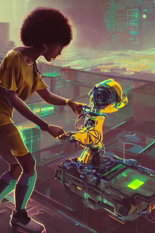 Image similar to a black girl fixing a robot, in the nature, mixing solarpunk, afropunk and cyberpunk technology and aesthetic ( ( ( ( volumetric light ) ) ) ), high angle, part by pearl fryar, part by prince damah, sunny day, trending on artstation, high detailed, cinematic view, illustration, painting.