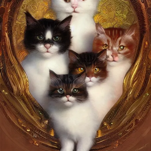 Prompt: a group of cute cats look into the camera, stacked image, intricate, highly detailed, digital painting, artstation, concept art, smooth, sharp focus, illustration, art by artgerm and greg rutkowski and alphonse mucha