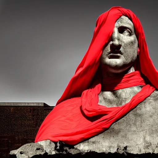 Image similar to a roman statue covered by red cloth that's blowing in the wind, digital art, concept art, cloth simulation with houdini, octane, redshift, 8 k