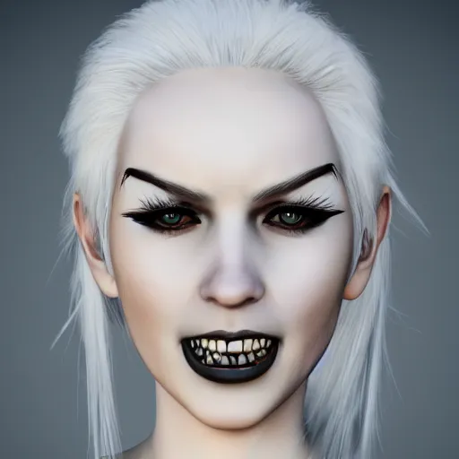 Image similar to Young woman, white hair, black eyes, sharp teeth, pointy ears, pale skin, trending on artstation