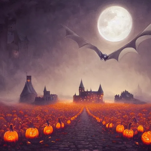 Image similar to breathtaking detailed soft painting of BAT FLYING OVER dracula's castle, in a landscape of pumpkins field at moonlight with intricate mists, elegant, highly detailed, artstation, concept art, matte, sharp focus, art by Anato Finnstark, Artgerm and Greg Rutkowski