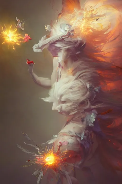 Image similar to beautiful girl necromancer exploding into flowers, angels, 3 d render, hyper - realistic detailed portrait, holding electricity and birds, ruan jia, wlop. scifi, fantasy, hyper detailed, octane render, concept art, peter mohrbacher