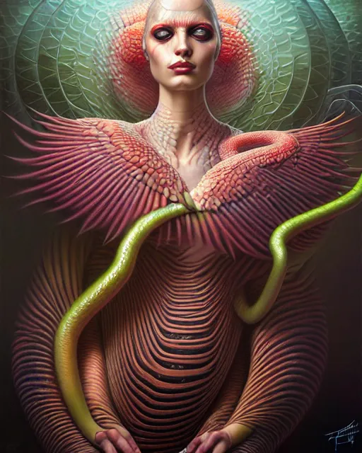 Image similar to a detailed portrait of dreampunk flamingo python hybrid mix goddess by tomasz alen kopera and peter mohrbacher