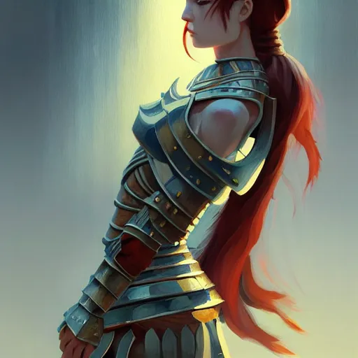 Prompt: female warrior with lovely delicate face, oil painting, passion, bravery, intricate armour costumes, light and shadow effects, intricate, digital painting, art station, concept art, cold tones, sharp focus, morandi color scheme, sharply shaped, illustration, art by makoto shinkai and lois van baarle
