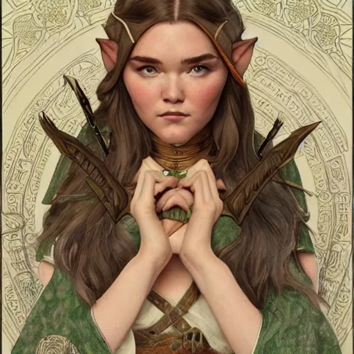 Image similar to Florence Pugh as a elf archer, cute, fantasy, intricate, elegant, highly detailed, centered, digital painting, artstation, concept art, smooth, sharp focus, illustration, art by artgerm and H R Giger and alphonse mucha