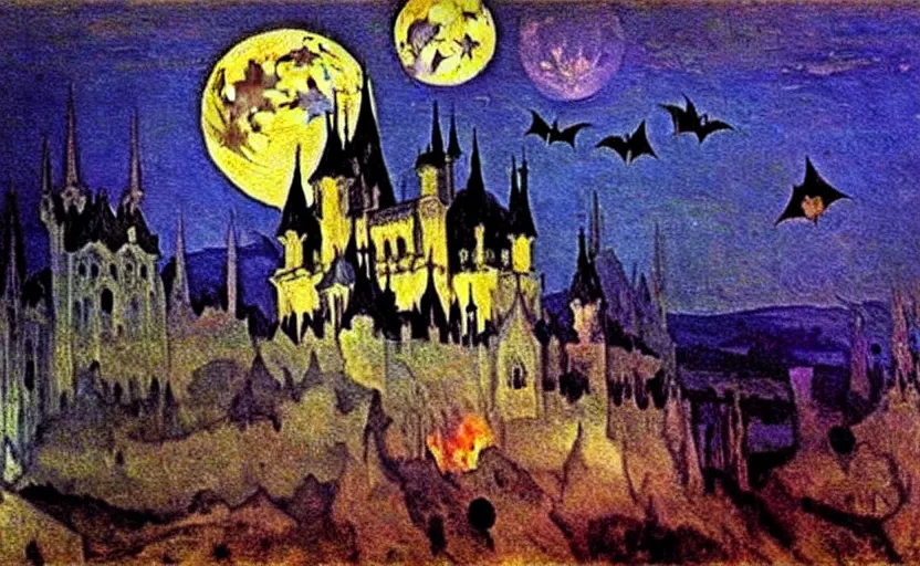 Image similar to oil painting by mikhail vrubel, full moon, french gothic burning! castle, bats flying away from castle, blur, bokeh,