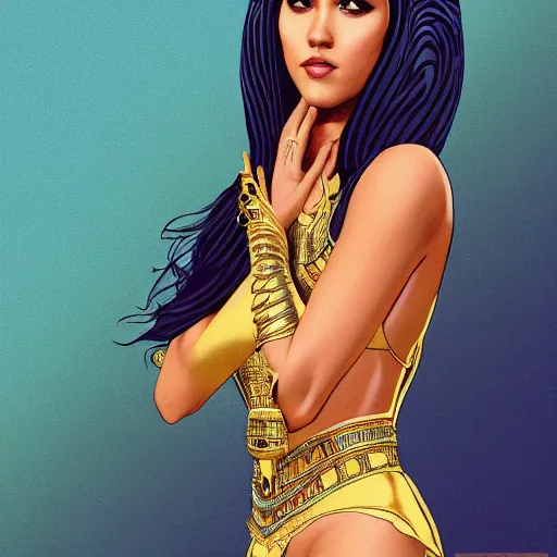 Prompt: Jessica alba as Cleopatra, Queen of the Nile, fresh from a purity bath filled with her servants, with perfect skin, radiant complexion, in only a light silk robe and adorned with Egyptian gold, highly detailed, digital painting, artstation, concept art, smooth, sharp focus, illustration, art by Alberto Vargas in the style of Patrick Nagel