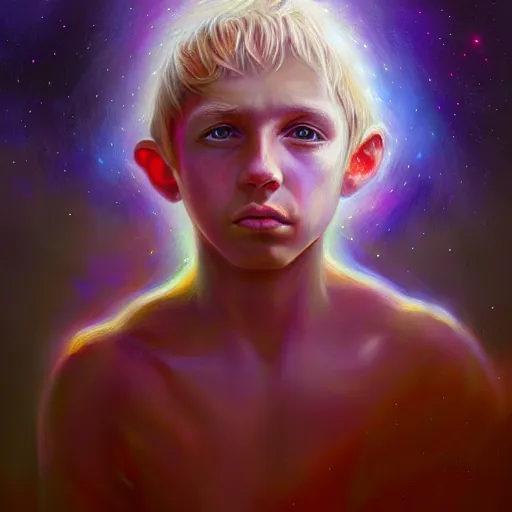 Image similar to visionary art by mandy jurgens, powerful eyes glowing highly detailed painting of deep sadness alone, young blonde boy spiritual portrait, fractal electricity surrounding him, expressive emotional sadness piece, trending on art station, abstract emotional sadness expression, very very very beautiful, fantasy digital art, visionary art, magical fantasy 2 d concept art, cosmic nebula