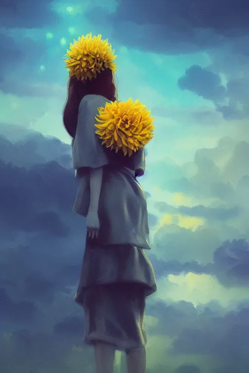 Prompt: closeup girl with large yellow dahlia flower face, standing on mountain, surreal photography, blue storm clouds, dramatic light, impressionist painting, digital painting, artstation, simon stalenhag