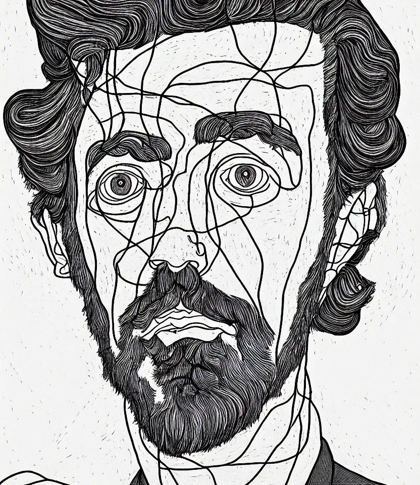 Prompt: detailed line art portrait of alan watts, inspired by egon schiele. caricatural, minimalist, bold contour lines, musicality, soft twirls curls and curves, confident personality, raw emotion