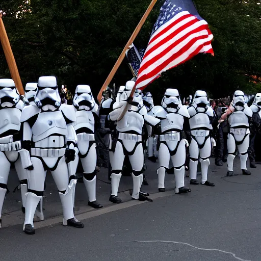 Image similar to a still candid image of hundreds of stormtropers rioting in front of a the white house in washington.!!!, dusk, fire, smoke, kaos, flaming torches and flags