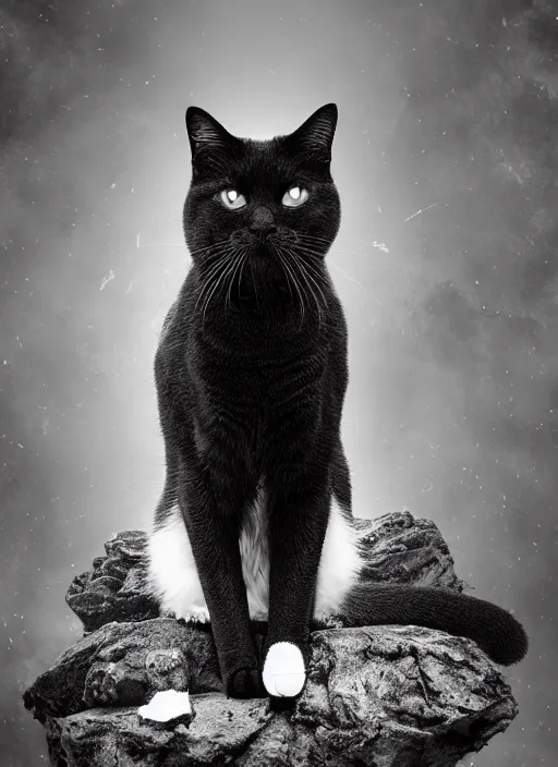 Prompt: cinematic shot epic black and white cat, hyper realistic, mood lighting, fantasy, detailed cat, highly detailed, super realistic, perfect lighting pixel sorting, style sheet