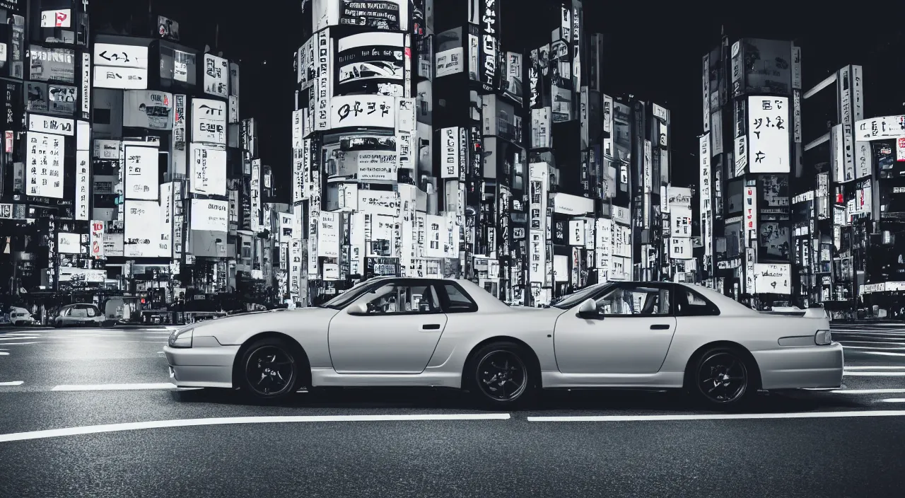 Image similar to sideview of a skyline gtr driving in tokyo at night, 4k photo, shot with sony alpha