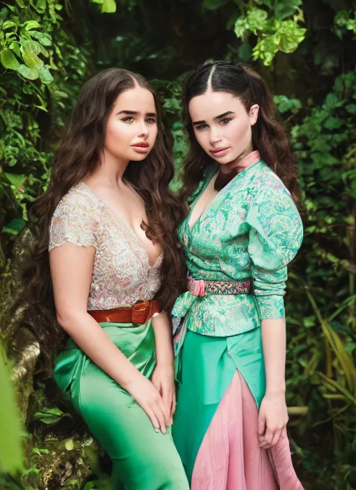 Image similar to portrait of demi rose and emilia clarke wearing green kebaya and pink silk belt, bali, by charlotte grimm, natural light, detailed face, beautiful features, symmetrical, canon eos c 3 0 0, ƒ 1. 8, 3 5 mm, 8 k, medium - format print,