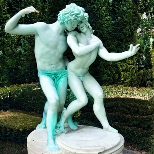 Prompt: a marble statue dabbing, cyan and magentsa,